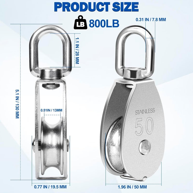 phepetroll Cable Pulley Wheel Stainless Steel, 4 Pack M50 Single Pulley Snatch Block, Heavy Duty Lifting Crane Swivel Hook, Bearing Inside Rope Pulleys for Lifting System Gym Equipment Clothesline, 800 lbs Load - Image 2